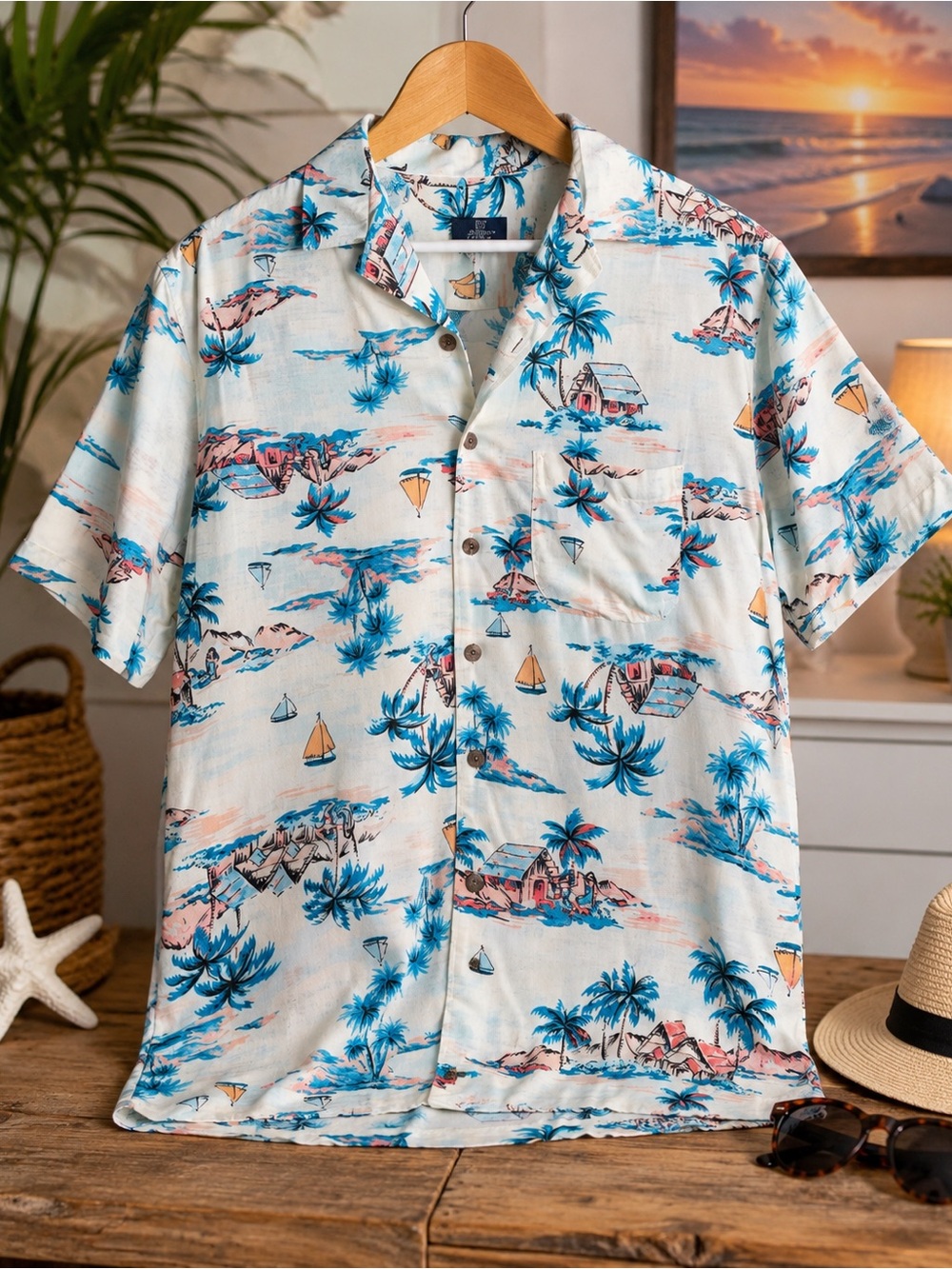 George Men's Hawaiian Camp Shirt Tropical Island Print Rayon Button Front Size S